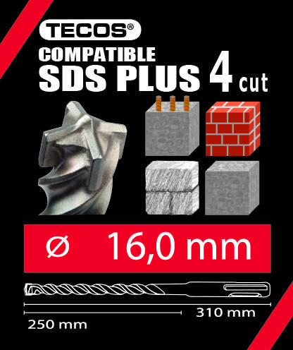 Hammerbor SDS Plus. 16 × 310 mm, 4-Skær